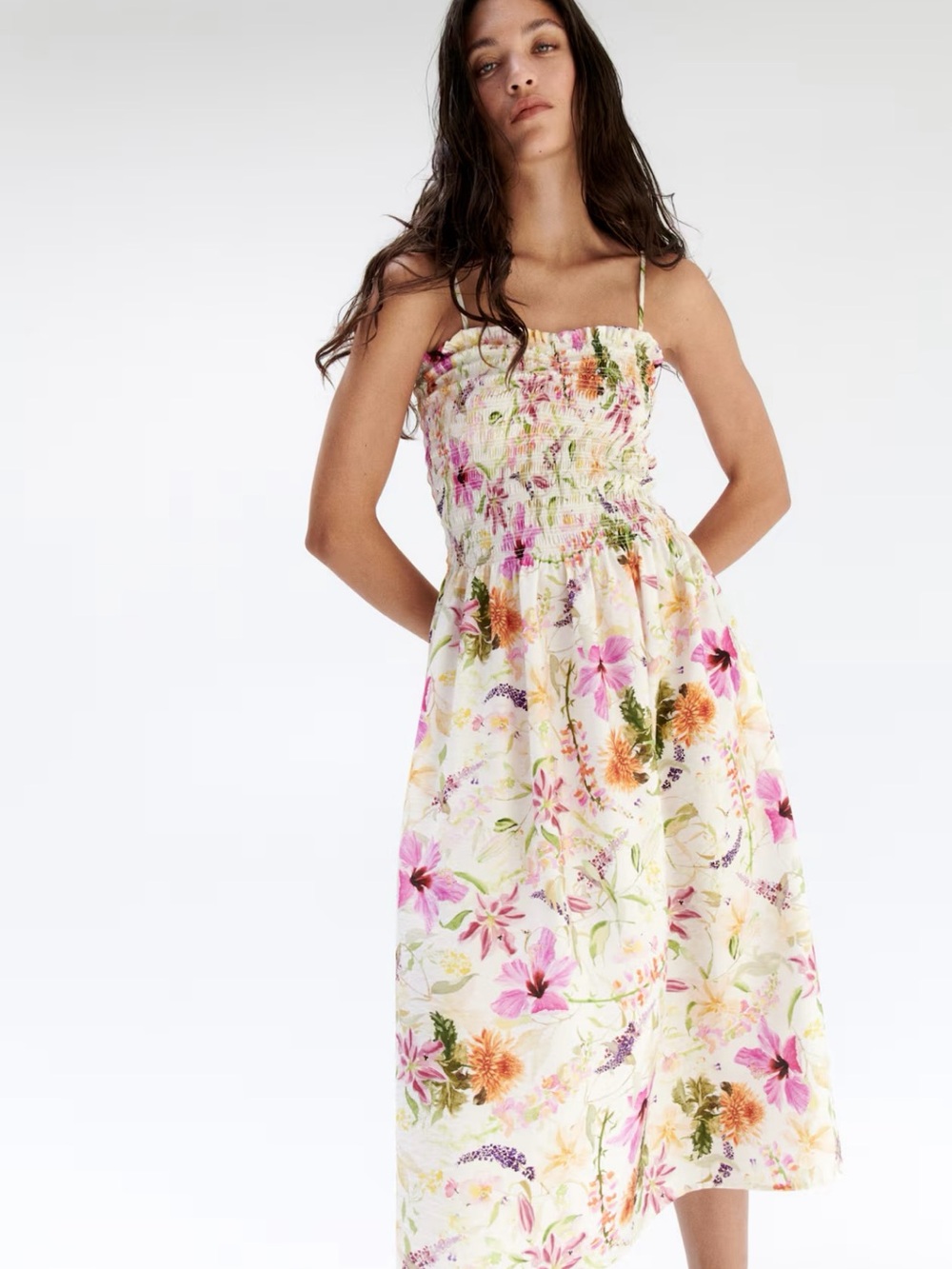H&M Smocked-Bodice Strappy Midi Dress โ White Floral โ Size XS โ NWT